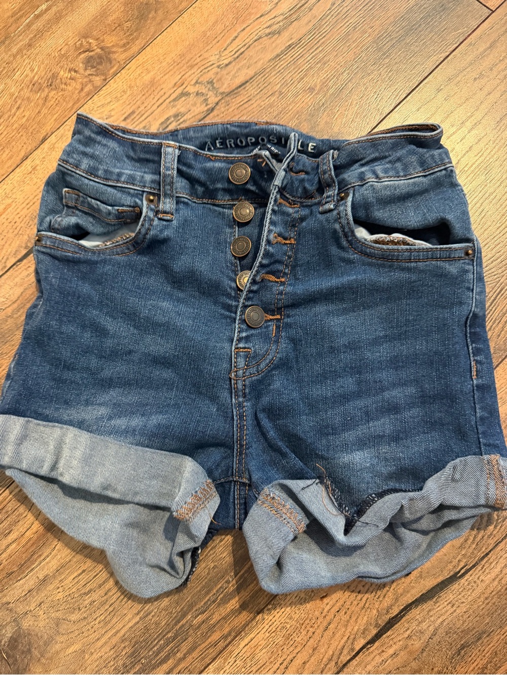 Aeropostale Women's Blue Rolled-Hem Denim Shorts with Button Fly